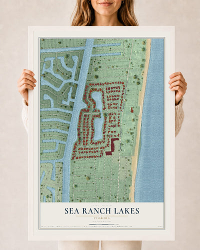 Sea Ranch Lakes, Florida map print, 24" x 36" W/ White Ayous Wood Frame mockup