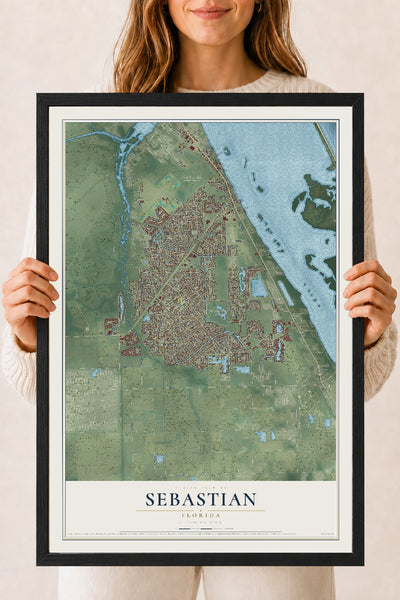 Sebastian, Florida map print, 18" x 24" W/ Black Ayous Wood Frame mockup