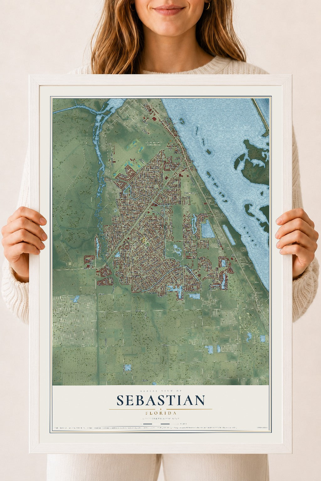 Sebastian, Florida map print, 18" x 24" W/ White Ayous Wood Frame mockup