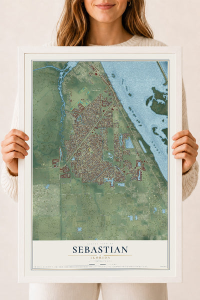 Sebastian, Florida map print, 18" x 24" W/ White Ayous Wood Frame mockup
