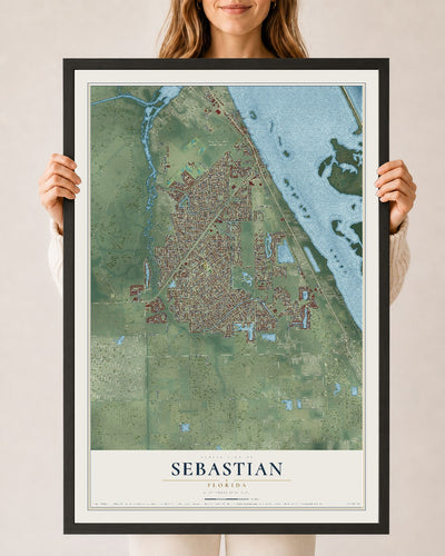 Sebastian, Florida map print, 24" x 36" W/ Black Ayous Wood Frame mockup