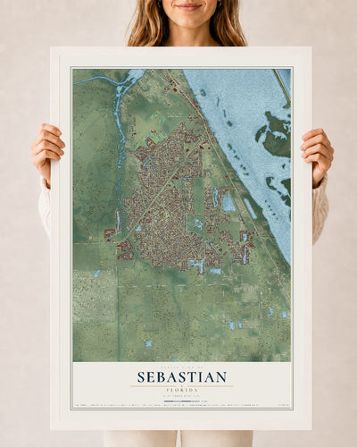 Sebastian, Florida map print, 24" x 36" W/ White Ayous Wood Frame mockup