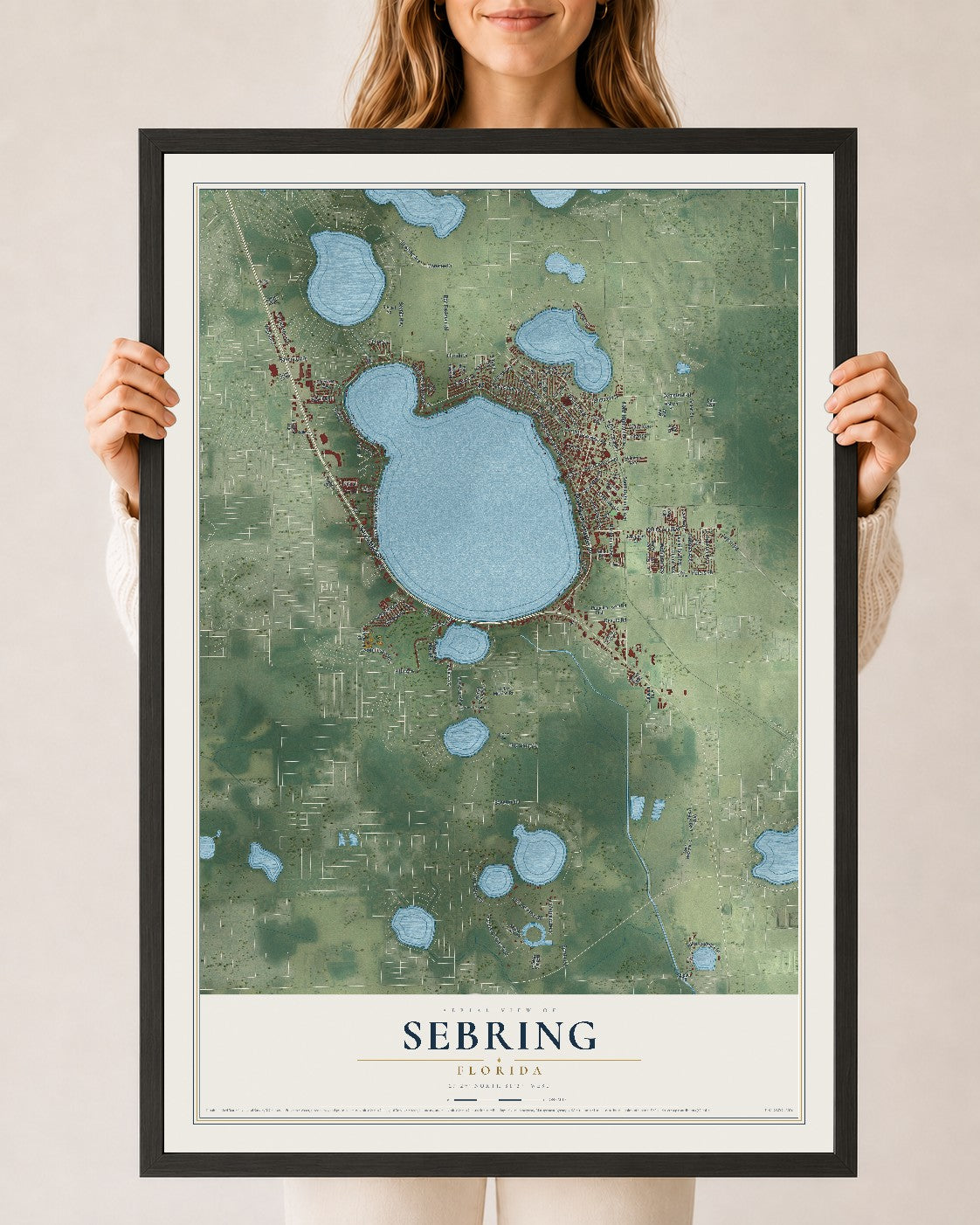 Sebring, Florida map print, 24" x 36" W/ Black Ayous Wood Frame mockup