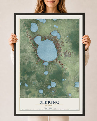 Sebring, Florida map print, 24" x 36" W/ Black Ayous Wood Frame mockup