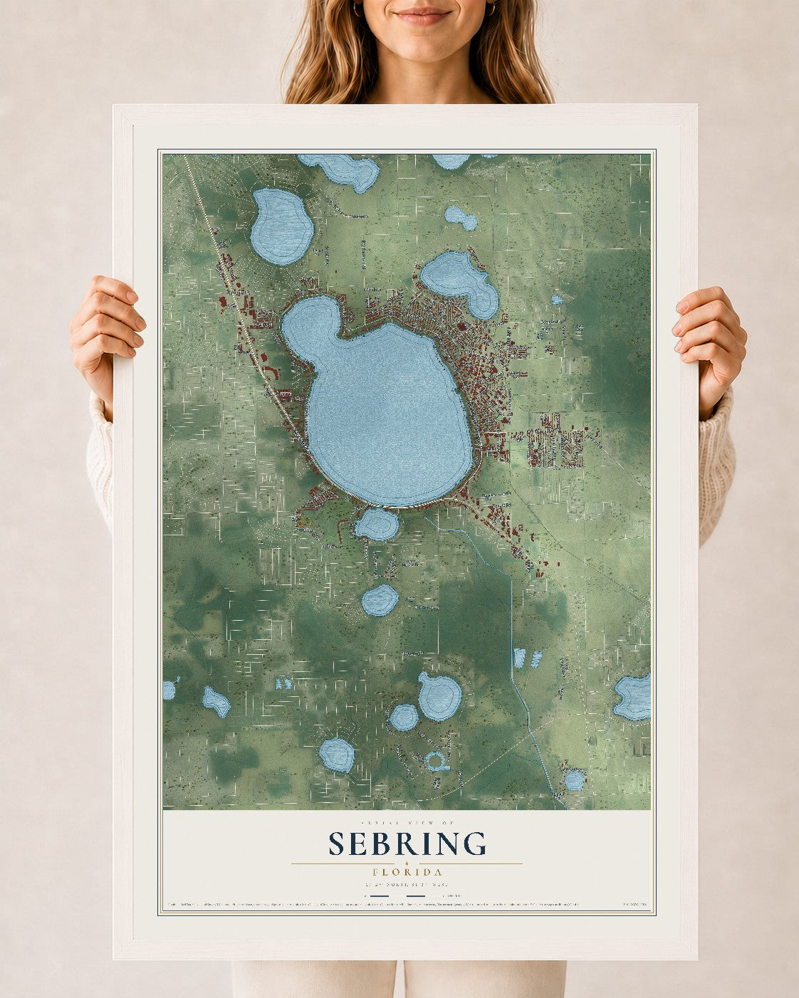 Sebring, Florida map print, 24" x 36" W/ White Ayous Wood Frame mockup