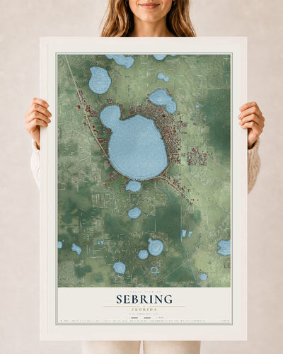 Sebring, Florida map print, 24" x 36" W/ White Ayous Wood Frame mockup