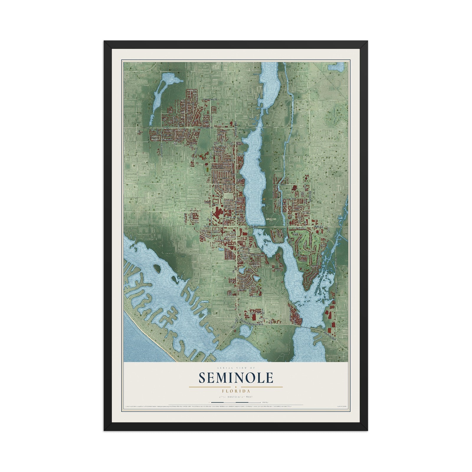 Seminole, Florida map print, 12" x 18" W/ Black Ayous Wood Frame mockup
