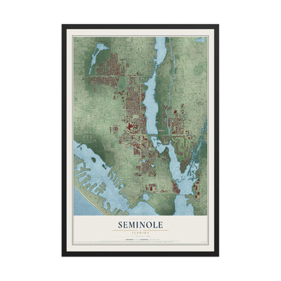Seminole, Florida map print, 12" x 18" W/ Black Ayous Wood Frame mockup