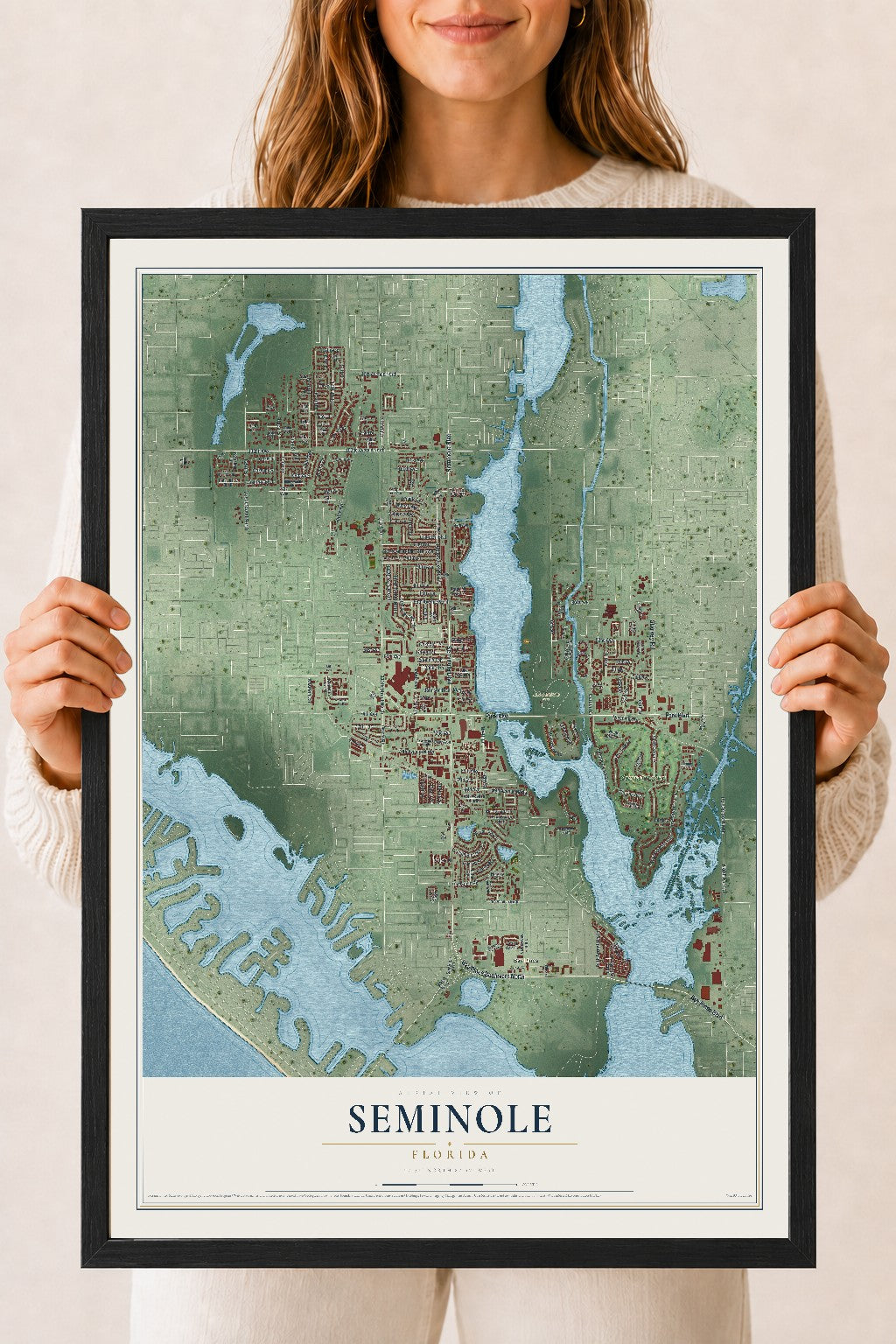 Seminole, Florida map print, 18" x 24" W/ Black Ayous Wood Frame mockup