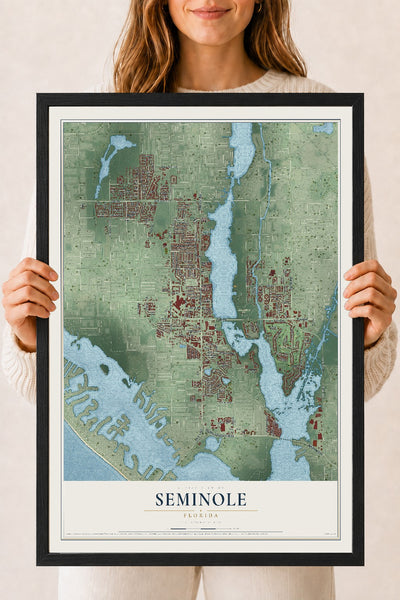 Seminole, Florida map print, 18" x 24" W/ Black Ayous Wood Frame mockup