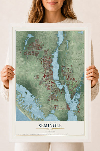 Seminole, Florida map print, 18" x 24" W/ White Ayous Wood Frame mockup