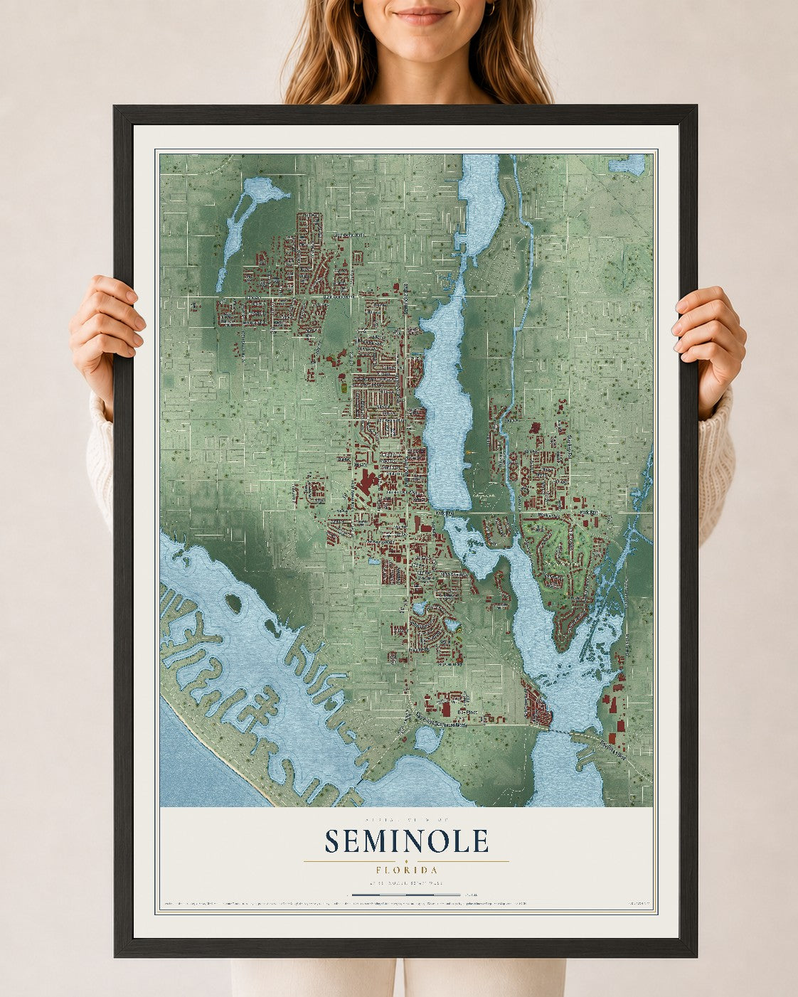 Seminole, Florida map print, 24" x 36" W/ Black Ayous Wood Frame mockup