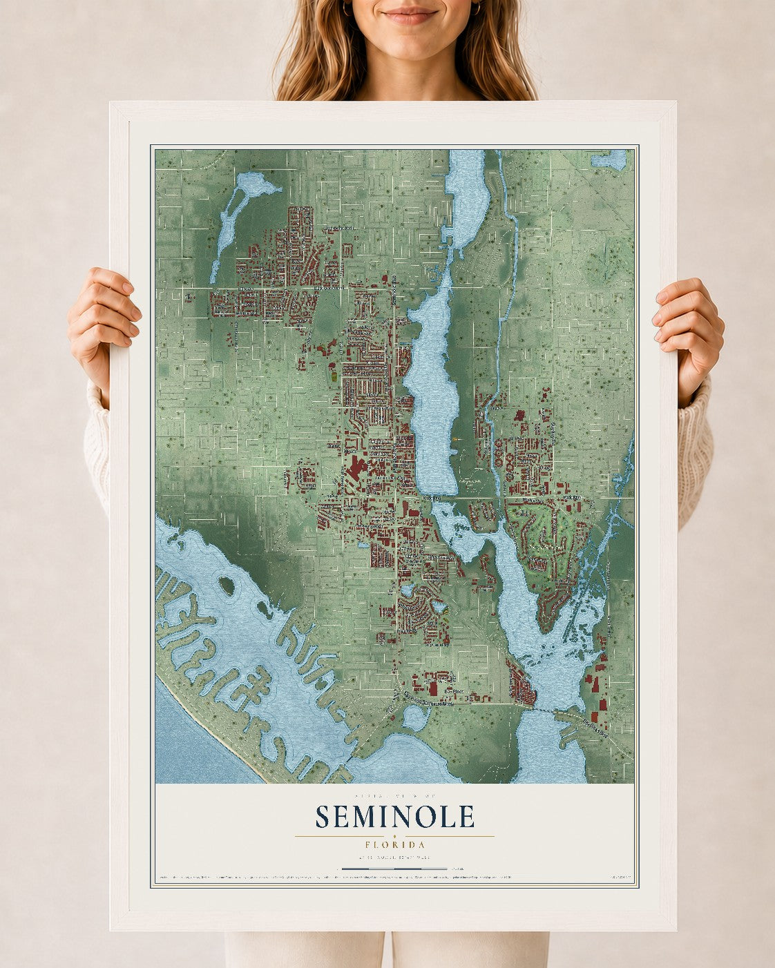 Seminole, Florida map print, 24" x 36" W/ White Ayous Wood Frame mockup