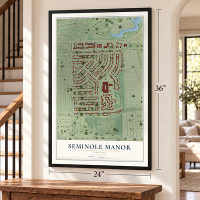 Seminole Manor, Florida map, 24 x 36 inch print in a black frame by a staircase