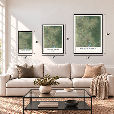Seminole Springs, Florida map in 12 x 18, 18 x 24 and 24 x 36 inch sizes above a sofa