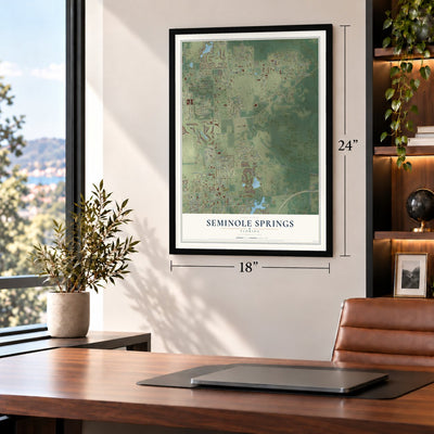 Seminole Springs, Florida map, 18 x 24 inch print in a black frame in a home office