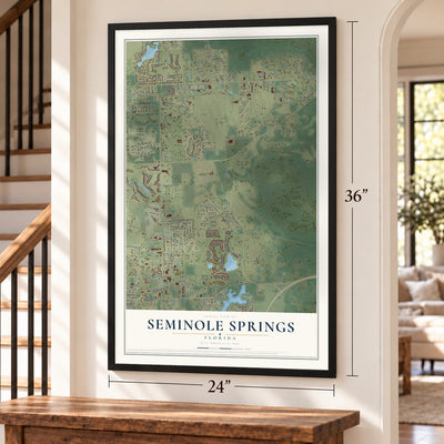 Seminole Springs, Florida map, 24 x 36 inch print in a black frame by a staircase
