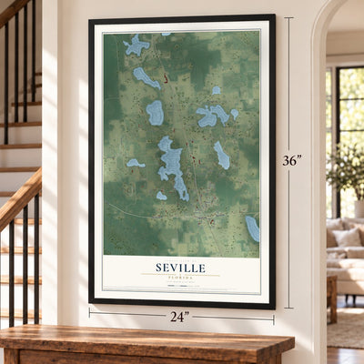 Seville, Florida map, 24 x 36 inch print in a black frame by a staircase