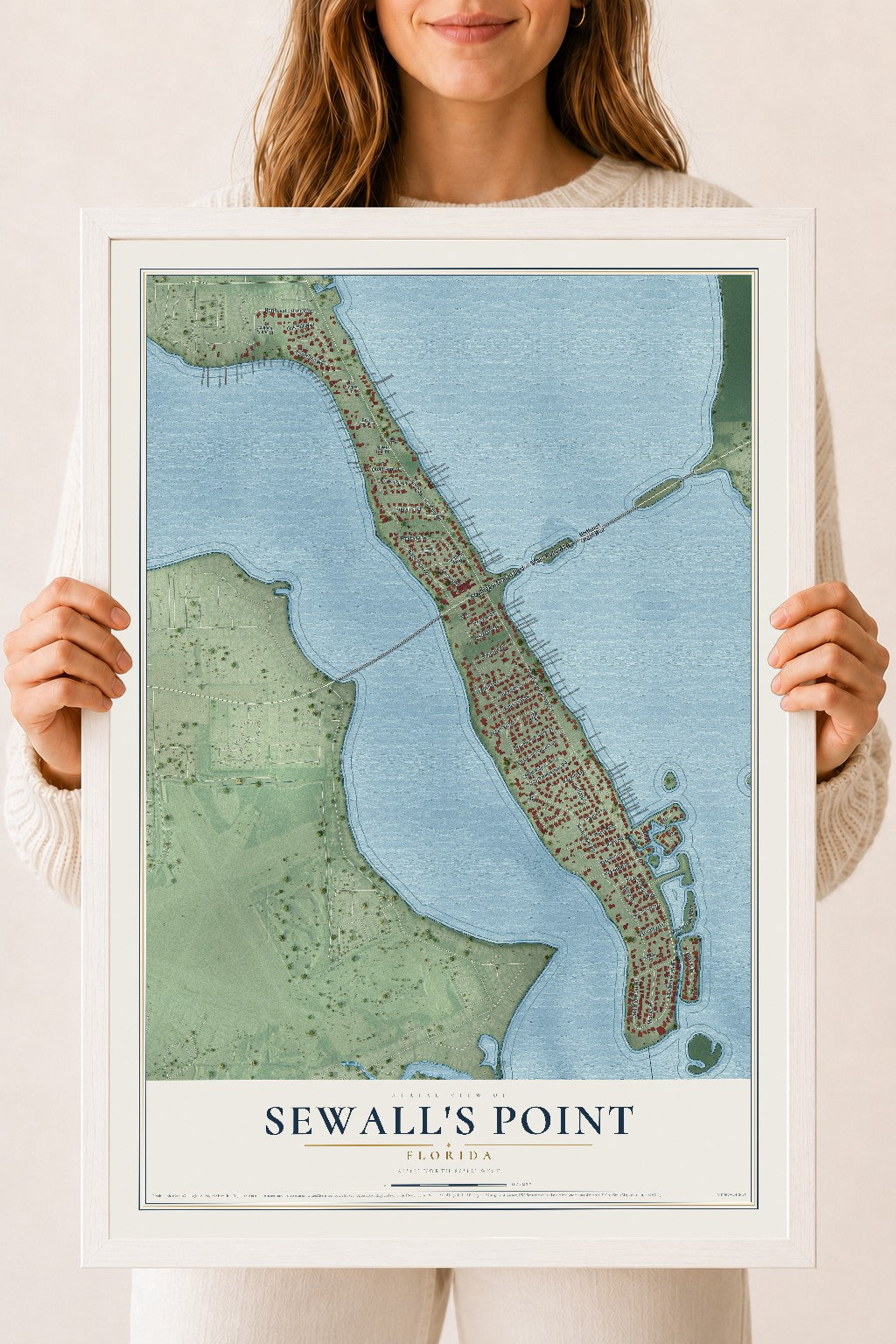 Sewall's Point, Florida map print, 18" x 24" W/ White Ayous Wood Frame mockup