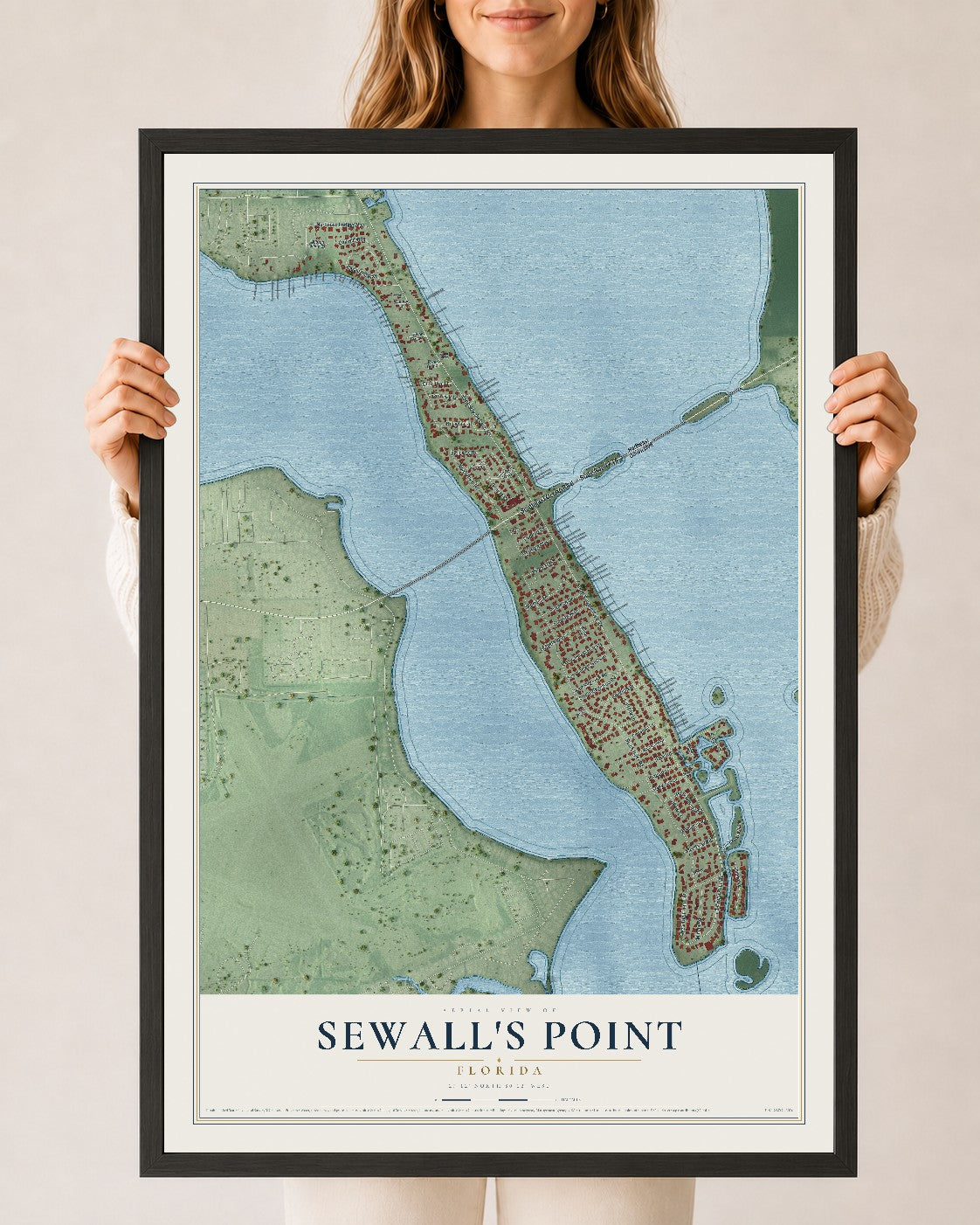 Sewall's Point, Florida map print, 24" x 36" W/ Black Ayous Wood Frame mockup