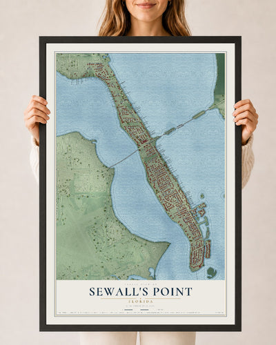 Sewall's Point, Florida map print, 24" x 36" W/ Black Ayous Wood Frame mockup