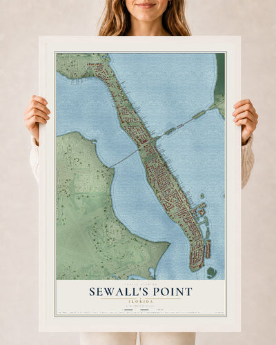 Sewall's Point, Florida map print, 24" x 36" W/ White Ayous Wood Frame mockup