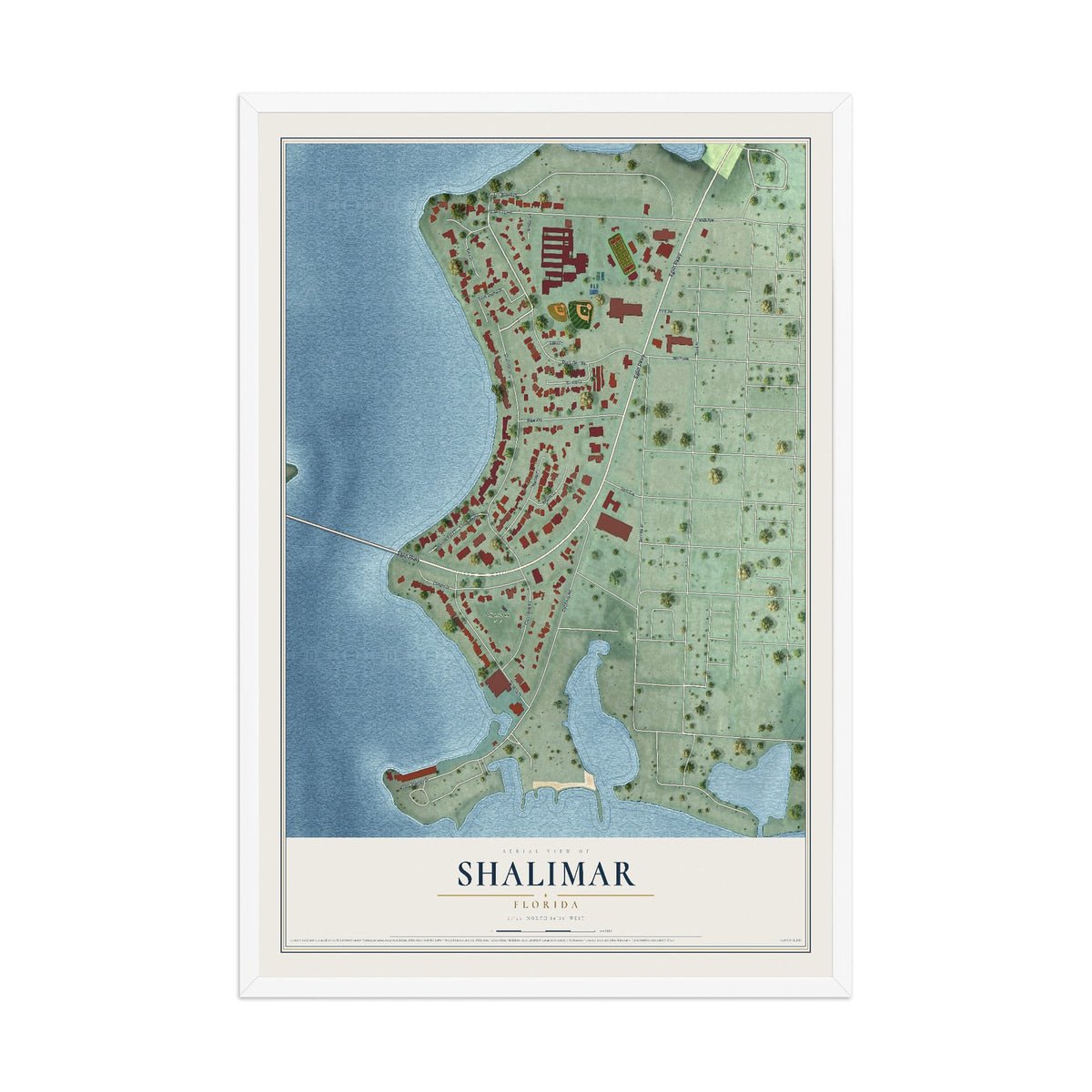 Shalimar, Florida map print, 12" x 18" W/ White Ayous Wood Frame mockup