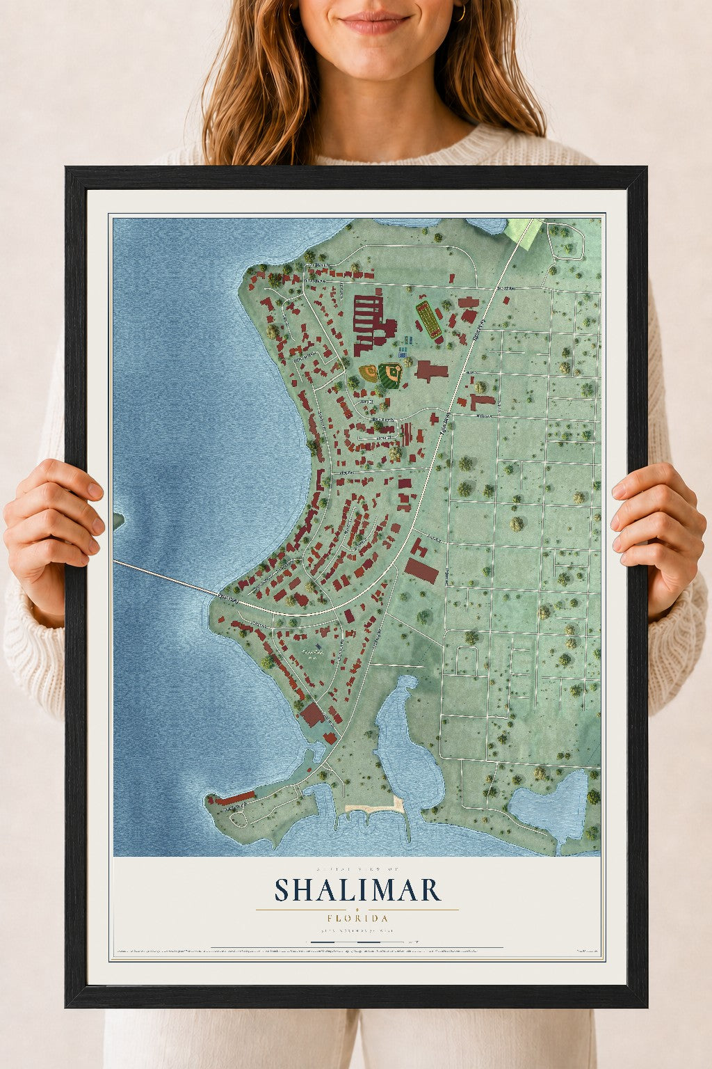 Shalimar, Florida map print, 18" x 24" W/ Black Ayous Wood Frame mockup