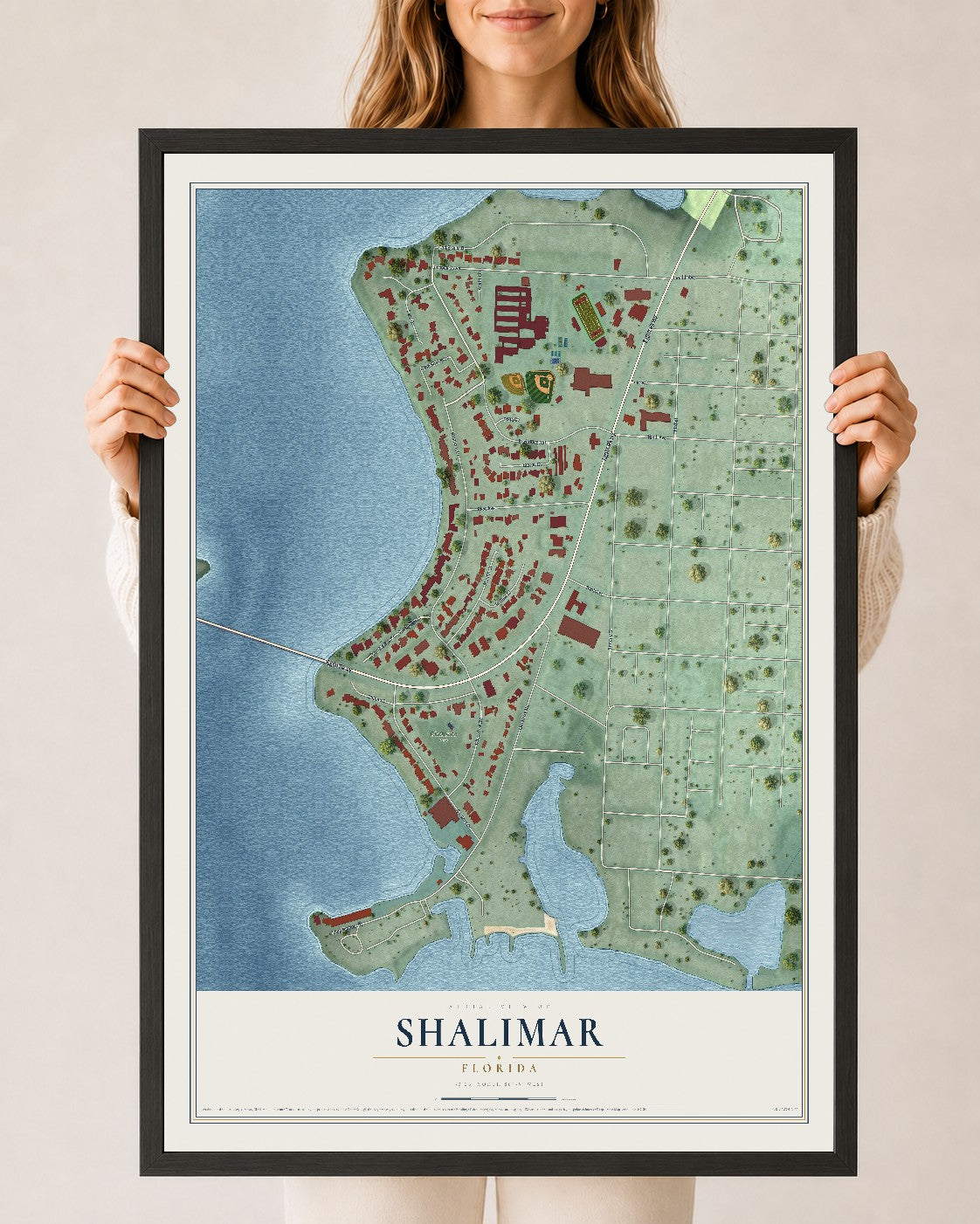 Shalimar, Florida map print, 24" x 36" W/ Black Ayous Wood Frame mockup