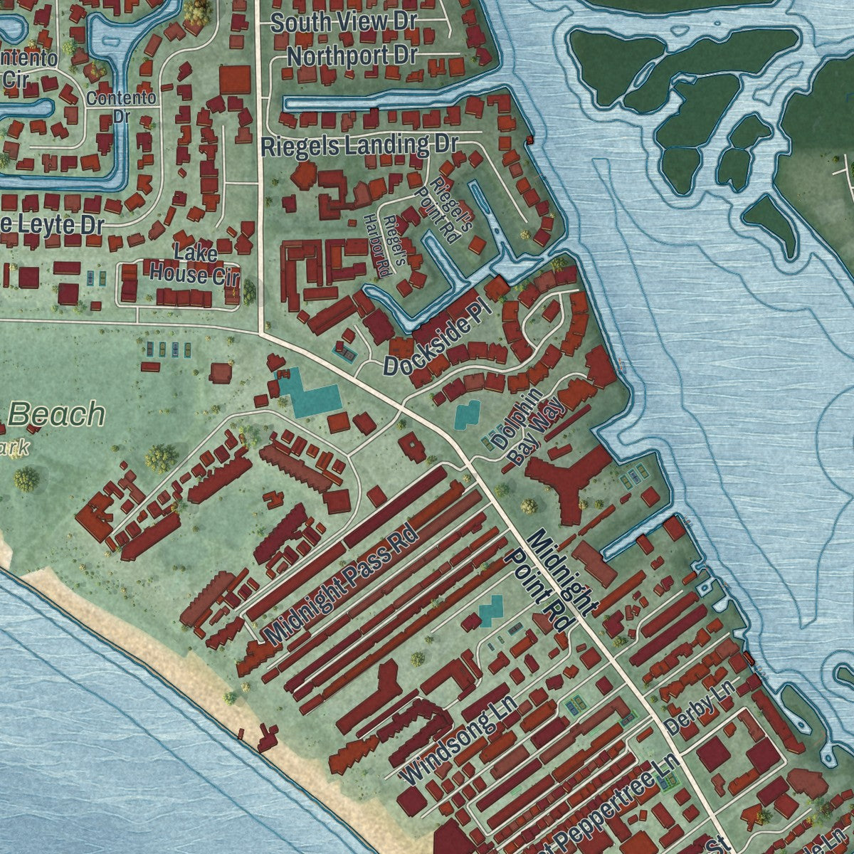 Close-up 2 of the Siesta Key, Florida map artwork