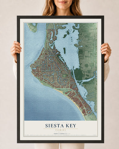 Siesta Key, Florida map print, 24" x 36" W/ Black Ayous Wood Frame mockup