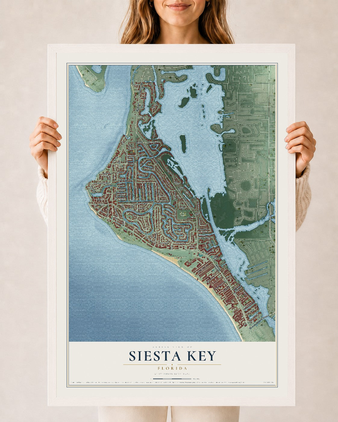 Siesta Key, Florida map print, 24" x 36" W/ White Ayous Wood Frame mockup