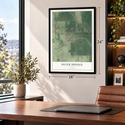 Silver Springs, Florida map, 18 x 24 inch print in a black frame in a home office