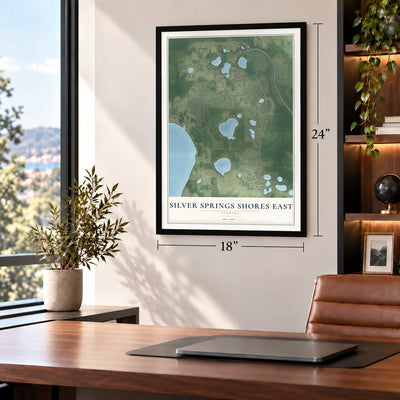 Silver Springs Shores East, Florida map, 18 x 24 inch print in a black frame in a home office