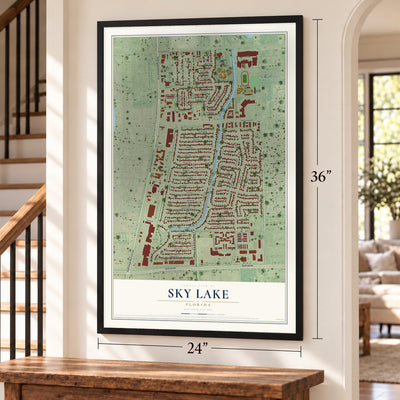 Sky Lake, Florida map, 24 x 36 inch print in a black frame by a staircase