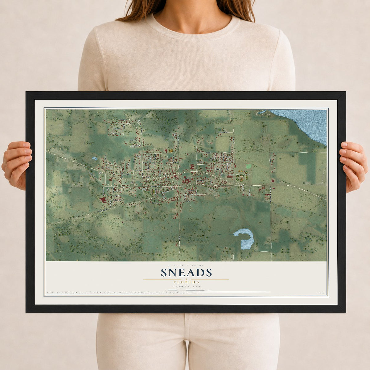 Sneads, Florida map print, 12" x 18" W/ Black Ayous Wood Frame mockup