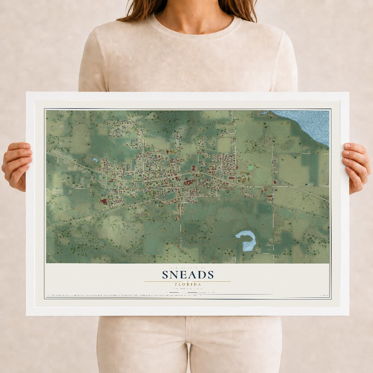 Sneads, Florida map print, 12" x 18" W/ White Ayous Wood Frame mockup
