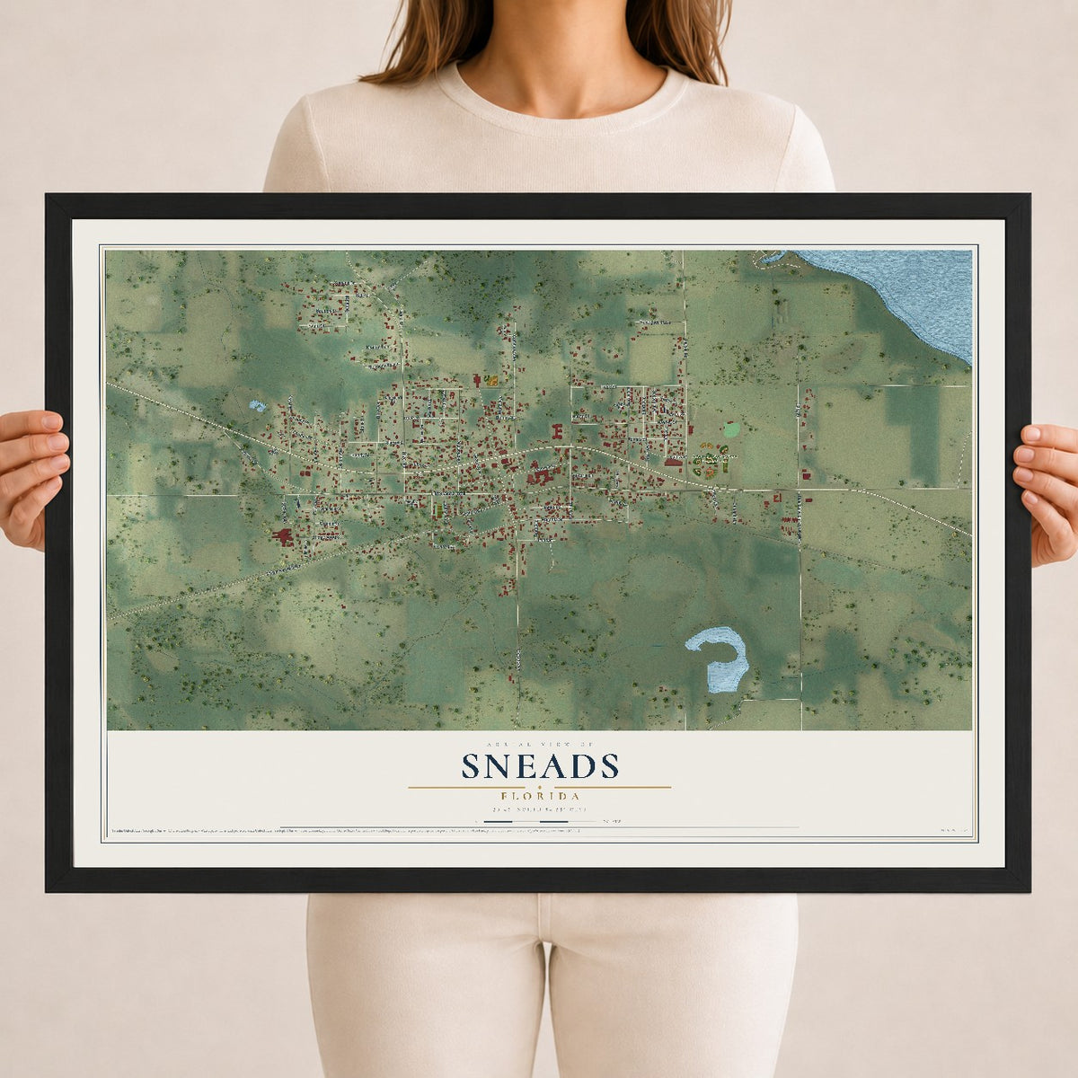 Sneads, Florida map print, 18" x 24" W/ Black Ayous Wood Frame mockup