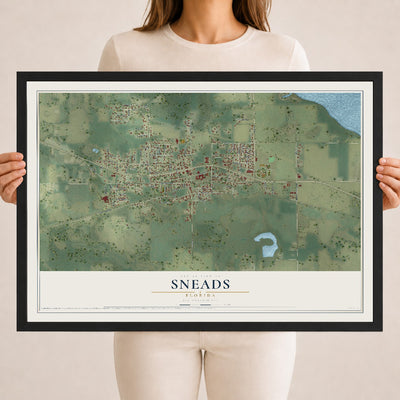 Sneads, Florida map print, 18" x 24" W/ Black Ayous Wood Frame mockup