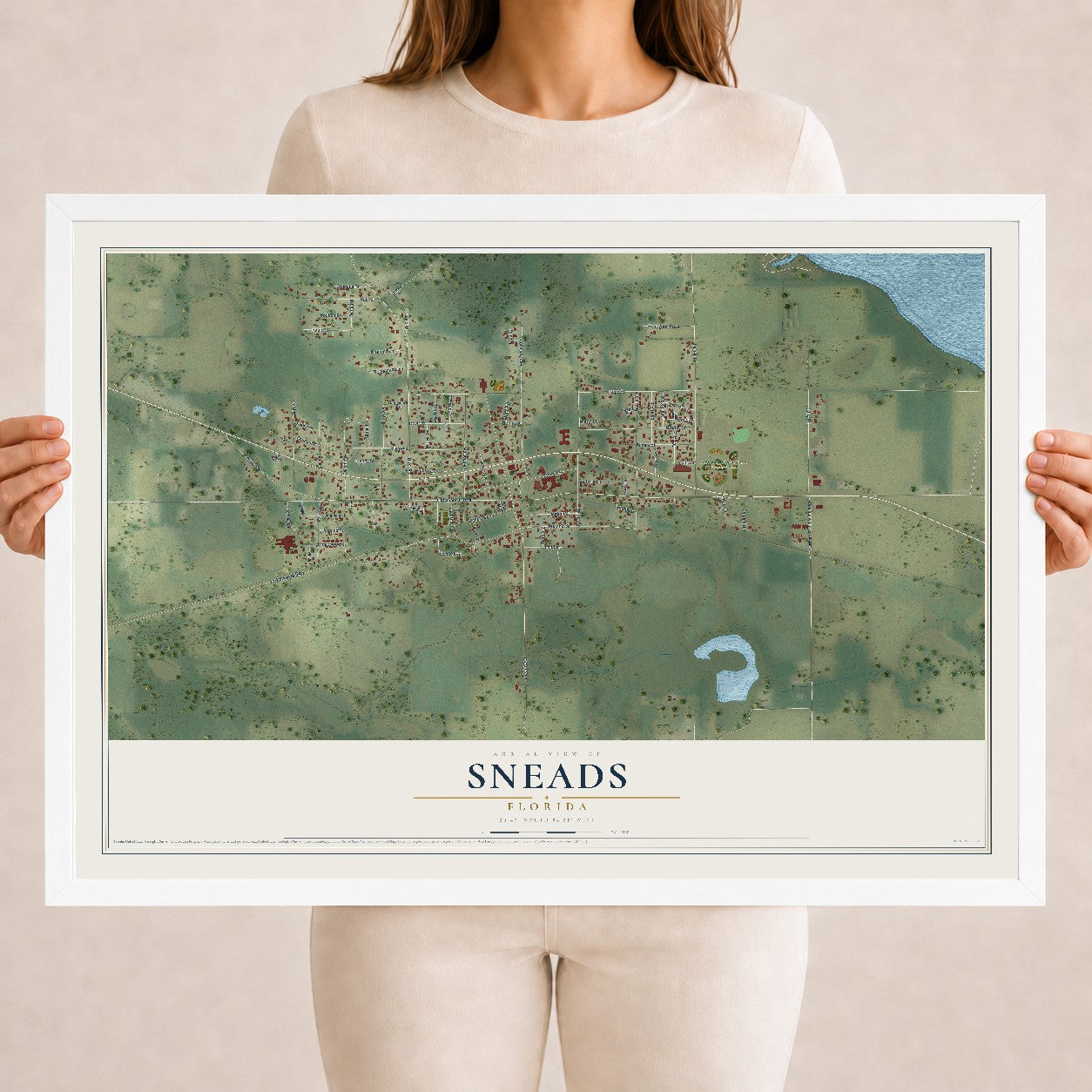 Sneads, Florida map print, 18" x 24" W/ White Ayous Wood Frame mockup