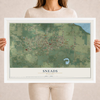 Sneads, Florida map print, 18" x 24" W/ White Ayous Wood Frame mockup