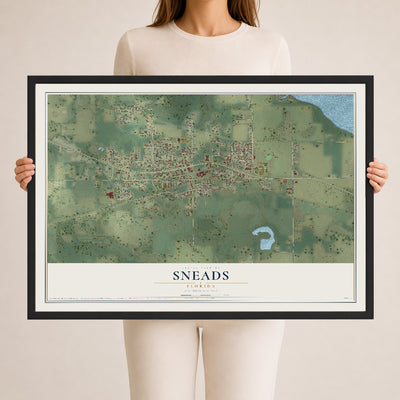Sneads, Florida map print, 24" x 36" W/ Black Ayous Wood Frame mockup