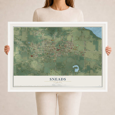 Sneads, Florida map print, 24" x 36" W/ White Ayous Wood Frame mockup