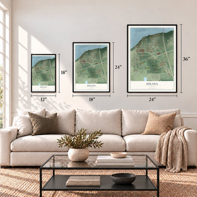 Solana, Florida map in 12 x 18, 18 x 24 and 24 x 36 inch sizes above a sofa