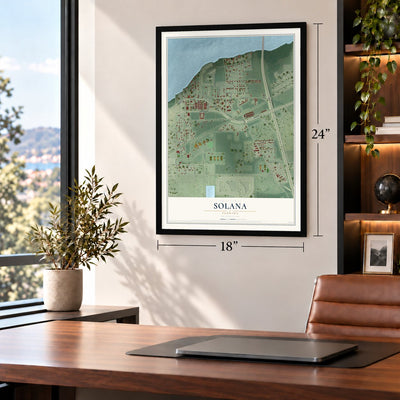 Solana, Florida map, 18 x 24 inch print in a black frame in a home office