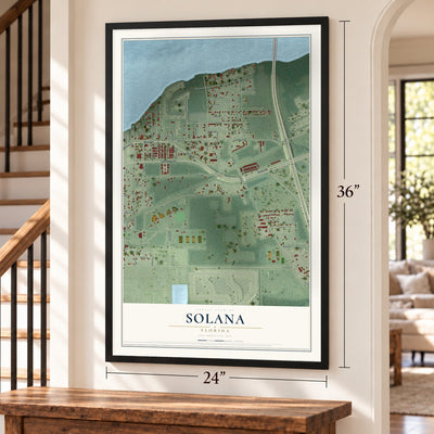 Solana, Florida map, 24 x 36 inch print in a black frame by a staircase