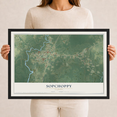 Sopchoppy, Florida map print, 12" x 18" W/ Black Ayous Wood Frame mockup