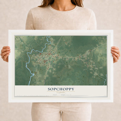 Sopchoppy, Florida map print, 12" x 18" W/ White Ayous Wood Frame mockup