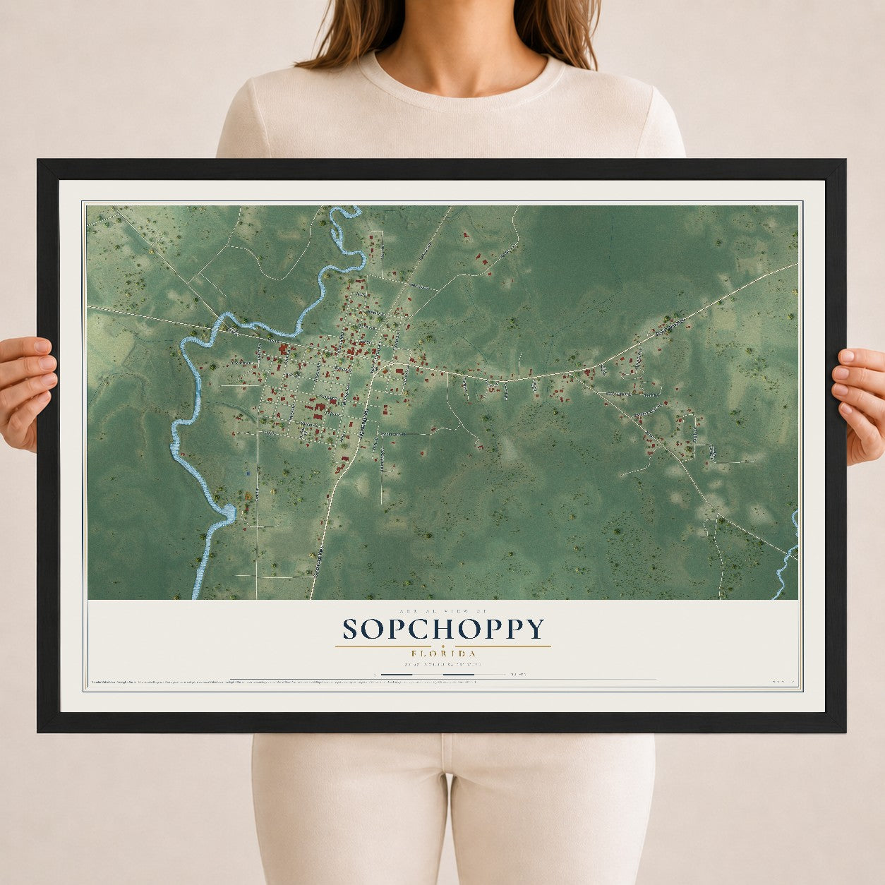 Sopchoppy, Florida map print, 18" x 24" W/ Black Ayous Wood Frame mockup