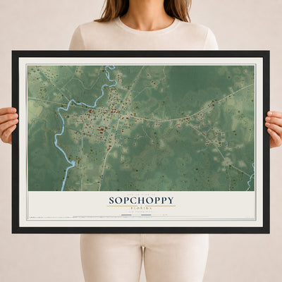 Sopchoppy, Florida map print, 18" x 24" W/ Black Ayous Wood Frame mockup